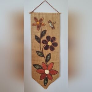 MCM Vintage Flower Dragonfly Latch Hook Burlap Wall Hanging Boho Retro